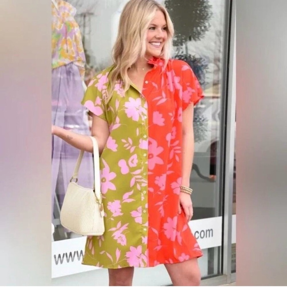 THML NWT Celest Orange/Pink/Green Colorblock Floral Mini Dress Coquette